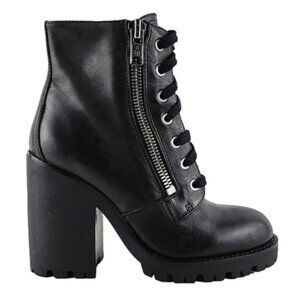 ASH Women's Poker Heeled Black Leather Chunky Lace Up Dual Zipper Boots Size 37